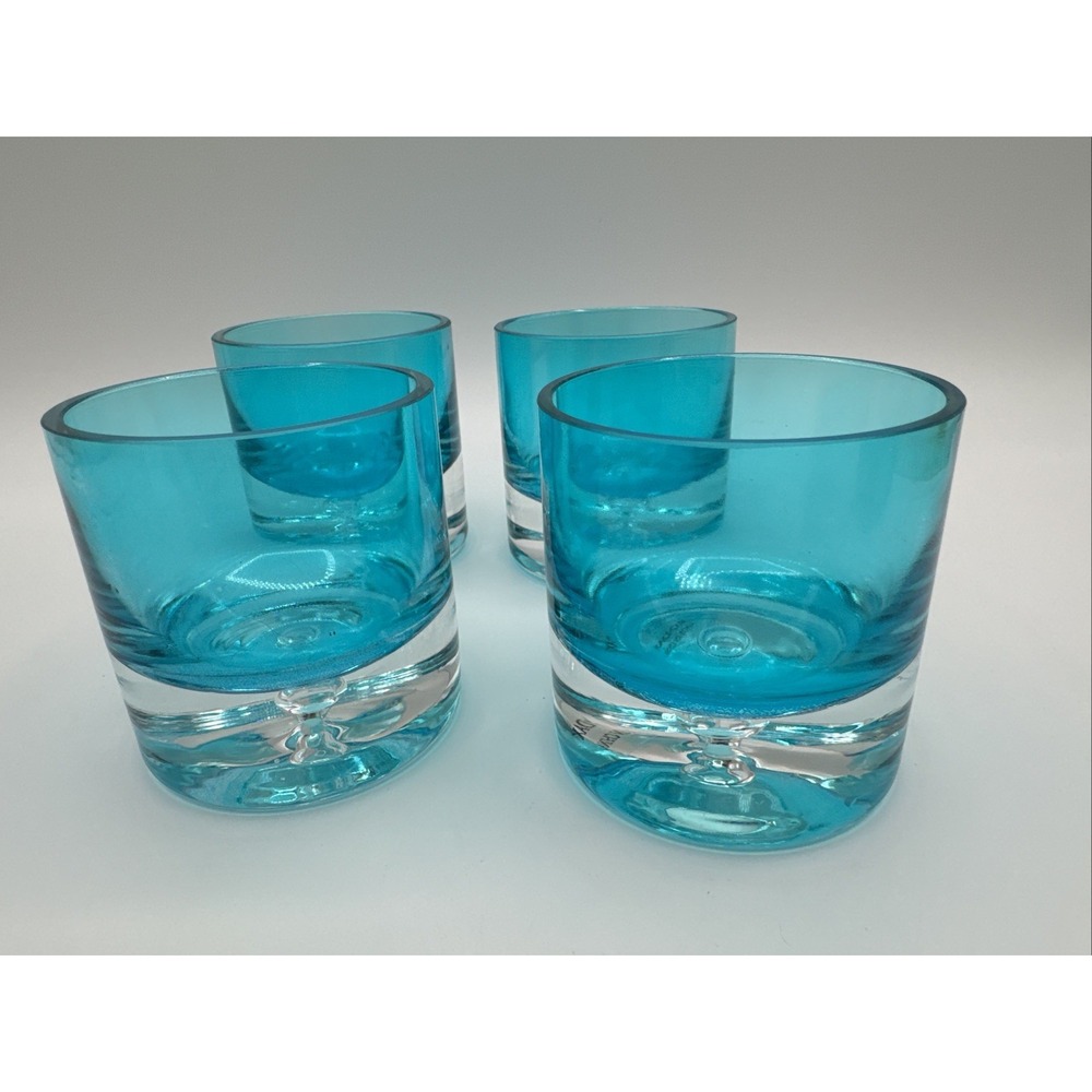 Zodax Aqua Blue Crystal Rocks Glasses Set 4 MCM Heavy Whiskey Barware